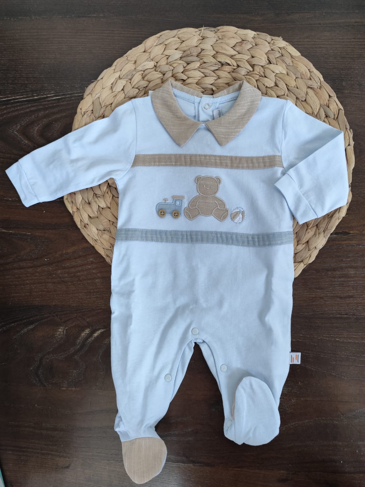 Tutina in cotone neonato azzurra con orsetto