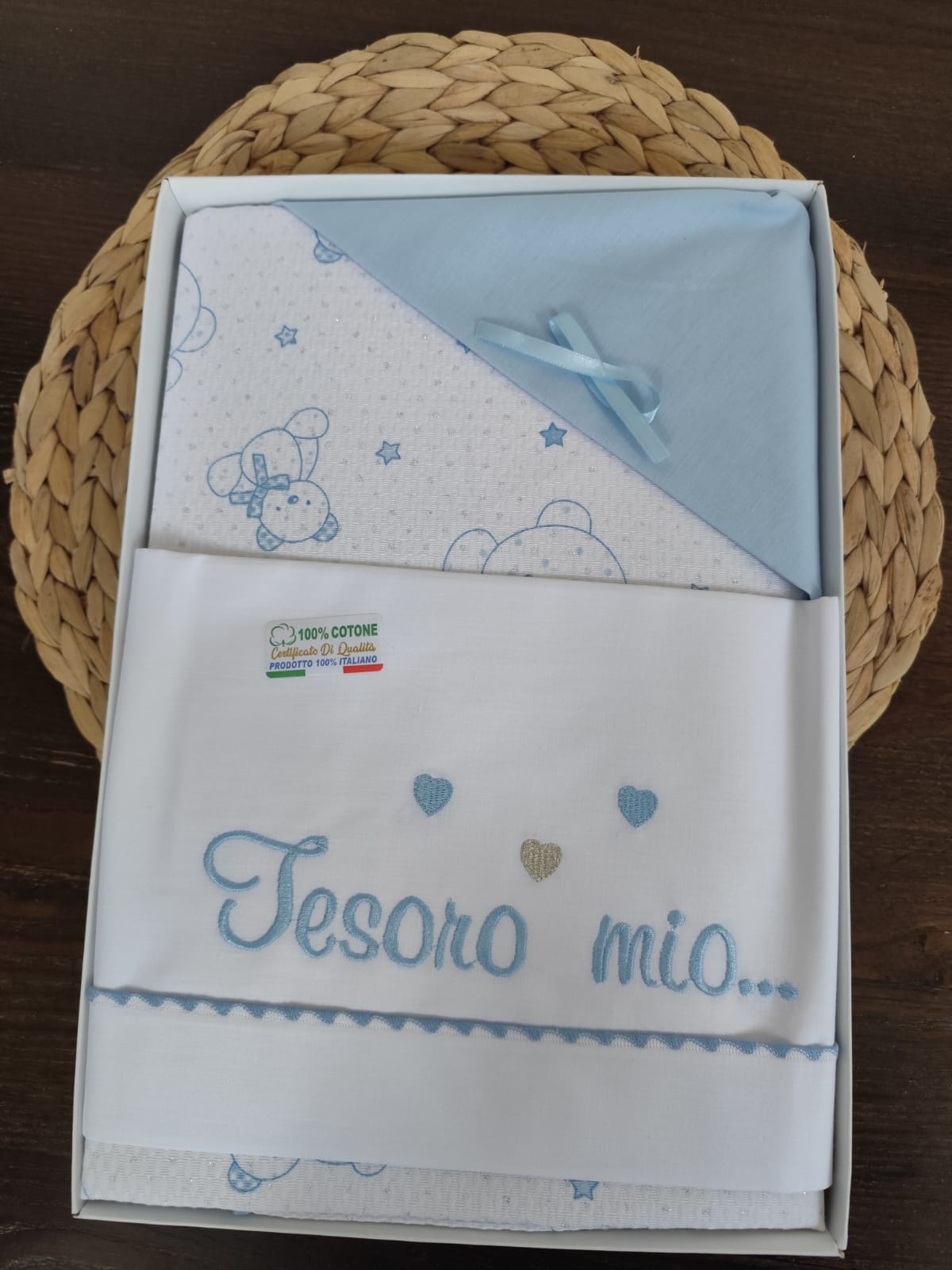 Coordinato carrozzina azzurro in cotone " tesoro mio"