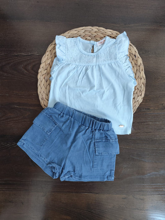 completino neonata con casacca e short in jeans
