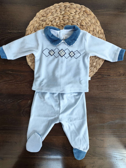 completino invernale neonato in ciniglia blu