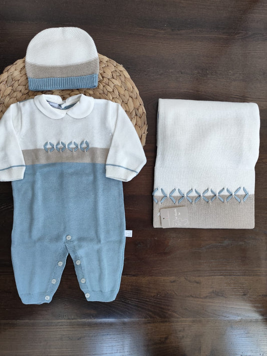 Set nascita in filo di cotone neonato azzurro/beige