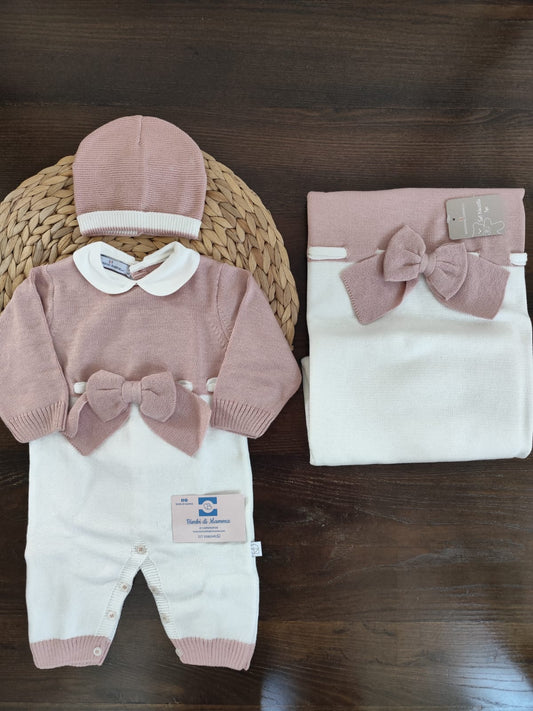 Set nascita fiocco in filo di cotone rosa antico