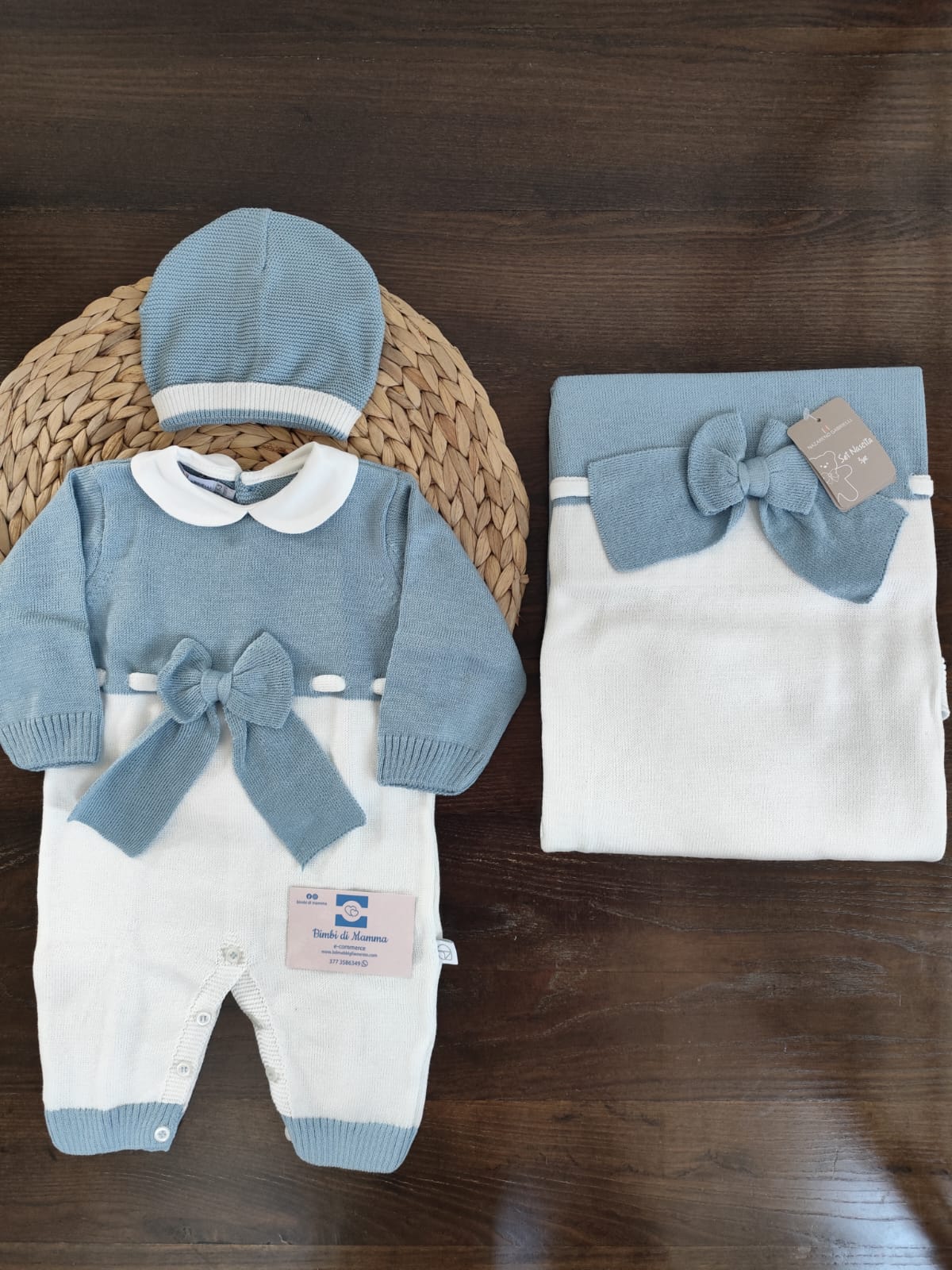 Set nascita fiocco in filo di cotone neonato blu