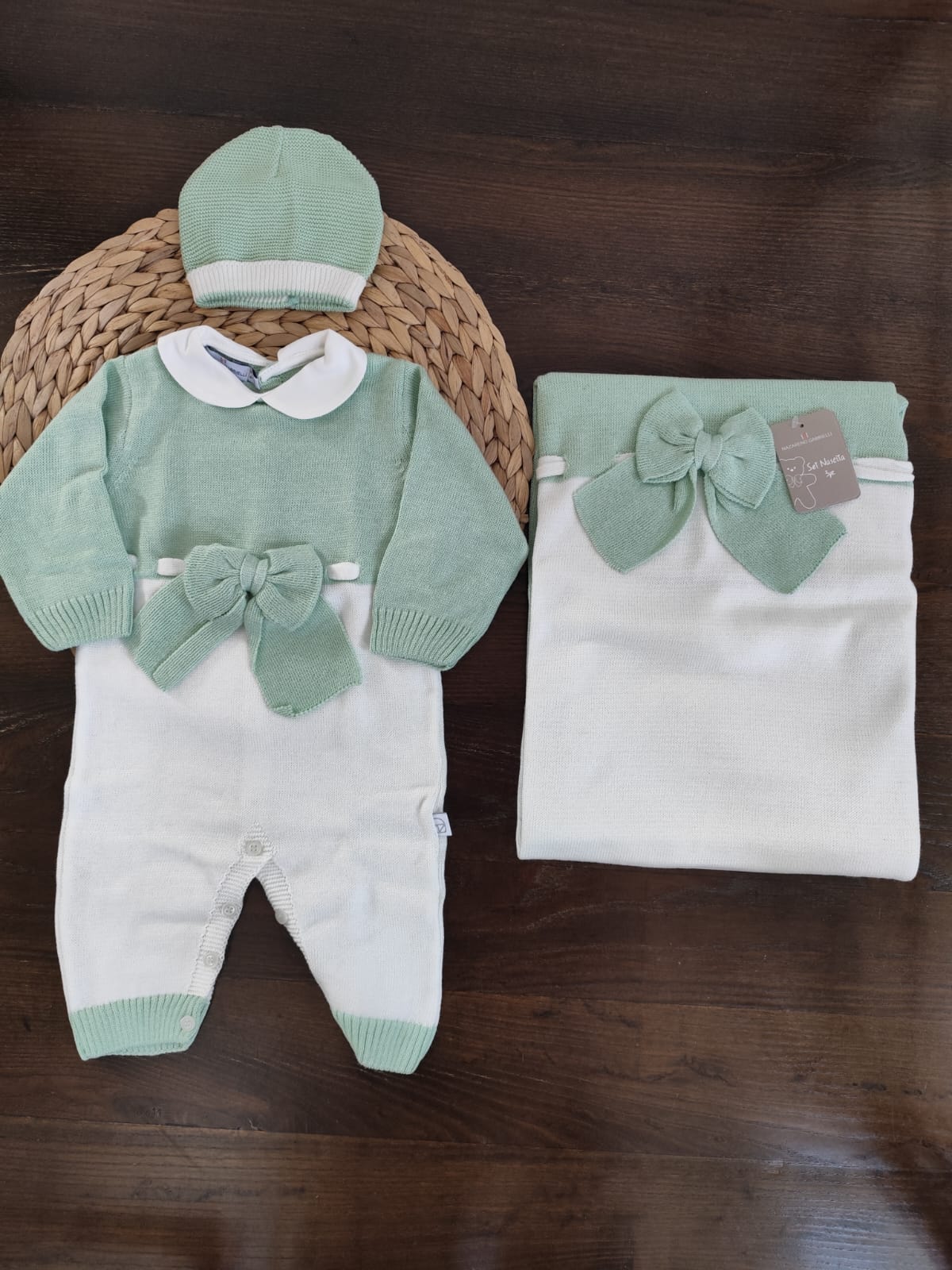 Set nascita fiocco in filo di cotone verde