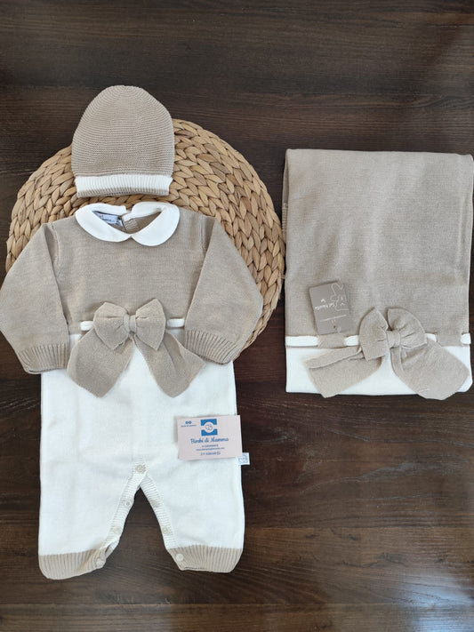 Set nascita fiocco in filo di cotone unisex beige