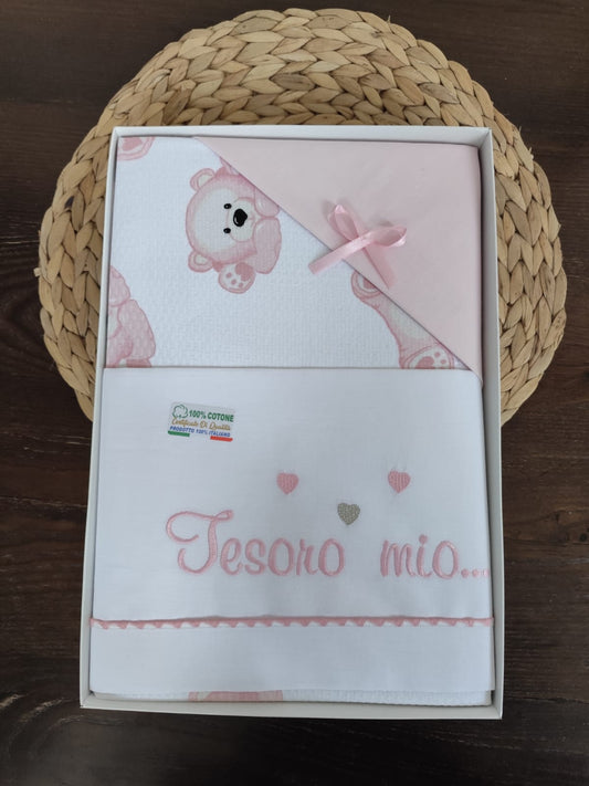 Coordinato carrozzina rosa in cotone " tesoro mio"