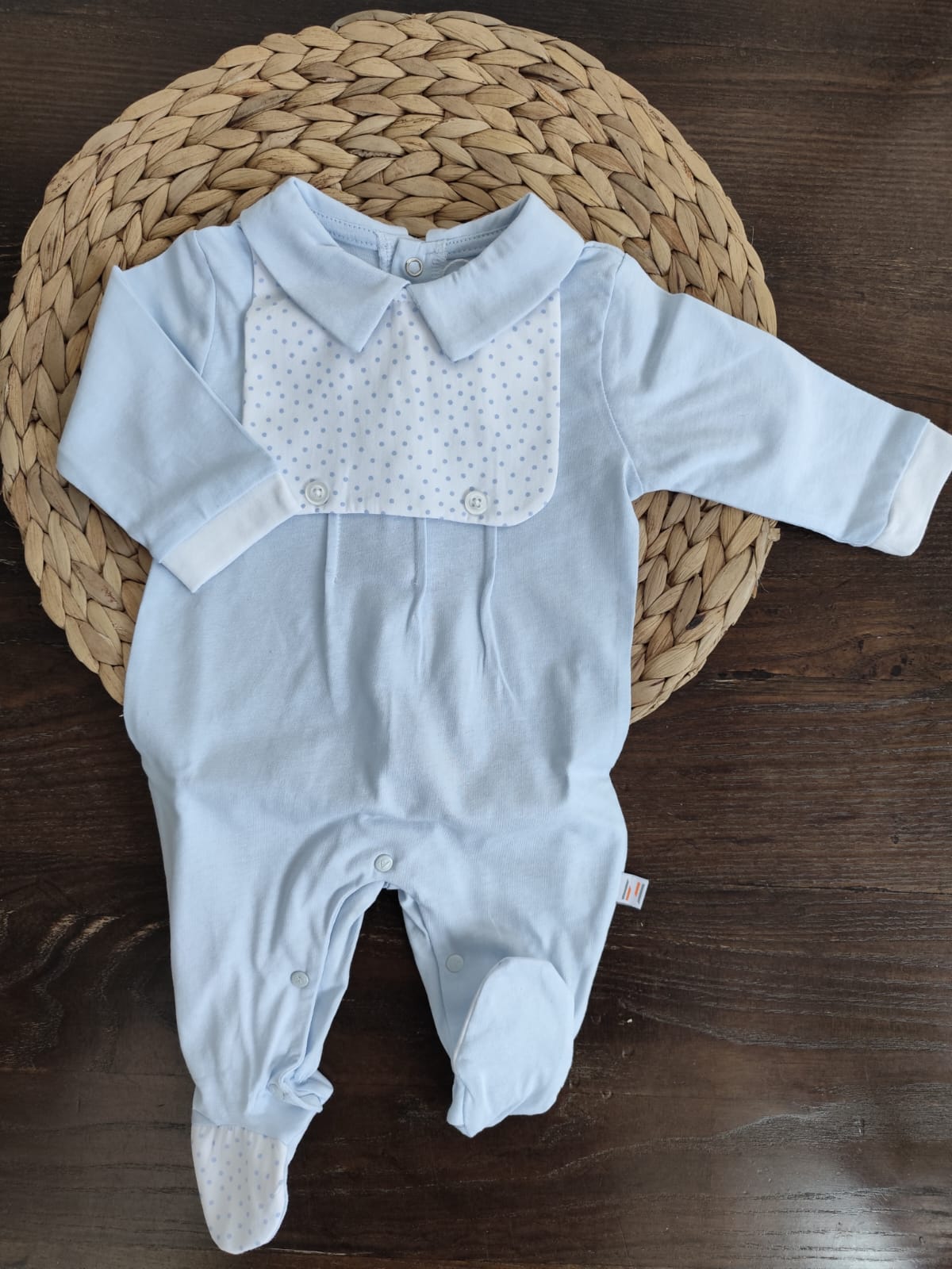 Tutina in cotone neonato azzurra a pois