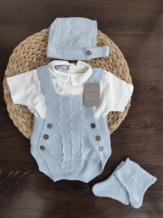 Set in filo di cotone pagliaccetto azzurro neonato