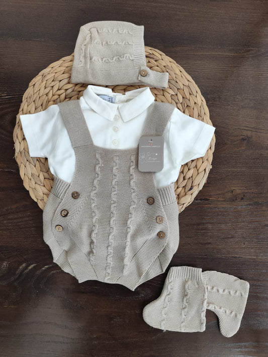 Set in filo di cotone pagliaccetto beige neonato