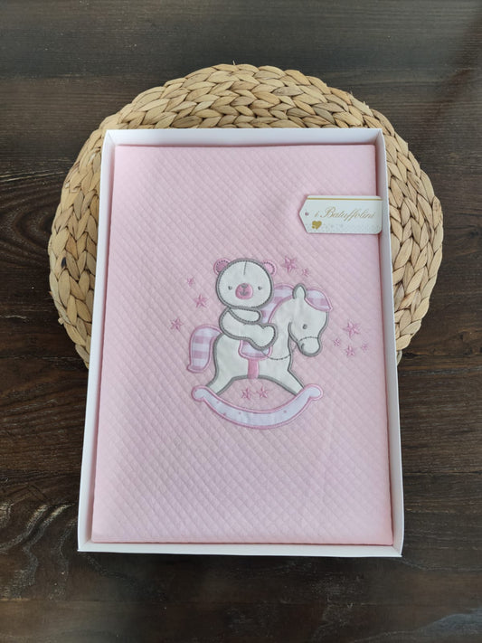 copertina culla/carrozzina in cotone rosa "cavalluccio a dondolo"