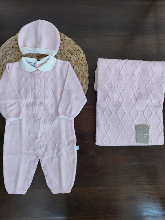 Set nascita rombi in filo di cotone rosa