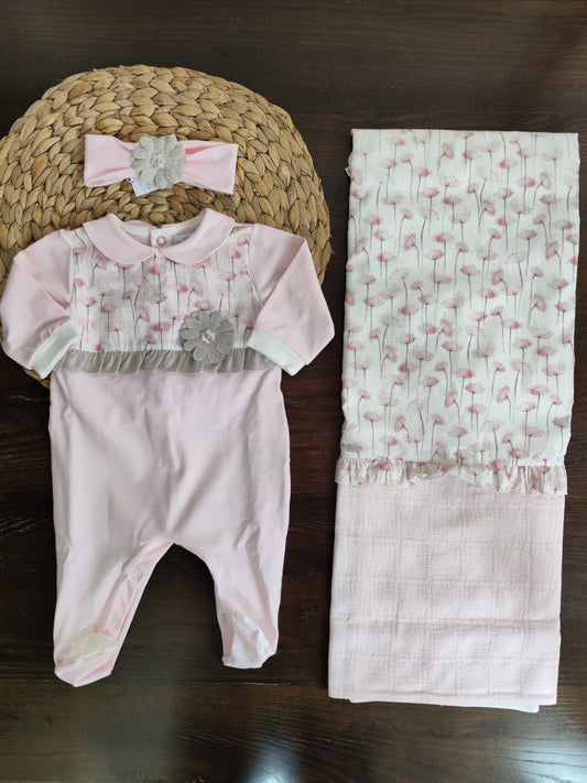 coordinato nascita neonata in cotone tema "Fiorellino" con tutina