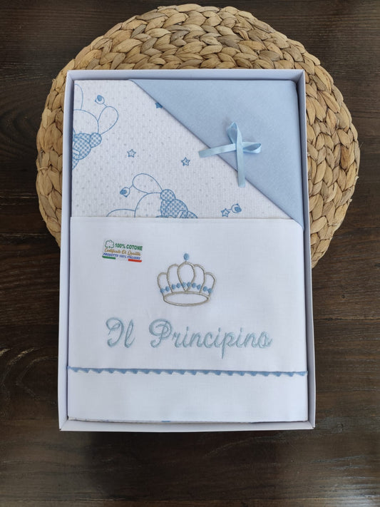 Coordinato carrozzina azzurro in cotone "il Principino"
