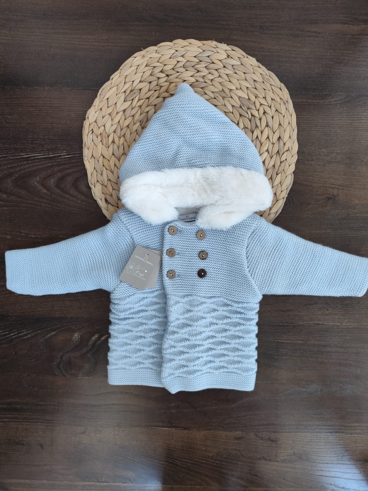 cappottino neonato doppio petto smacchinato con cappuccio