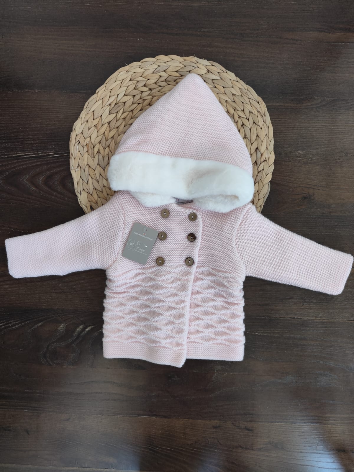 cappottino neonata doppio petto smacchinato con cappuccio