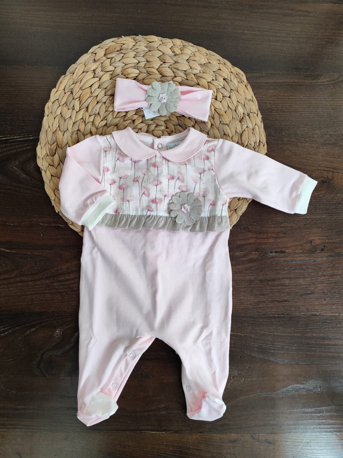 coordinato nascita neonata in cotone tema "Fiorellino" con tutina