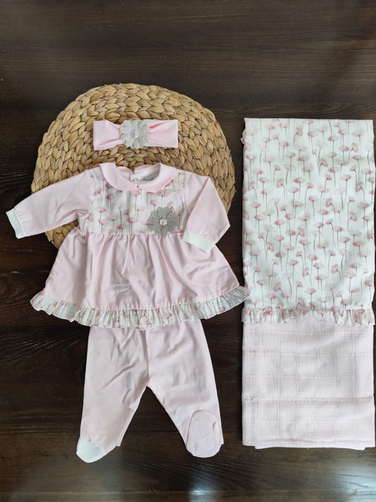 coordinato nascita neonata in cotone tema "Fiorellino" con completino