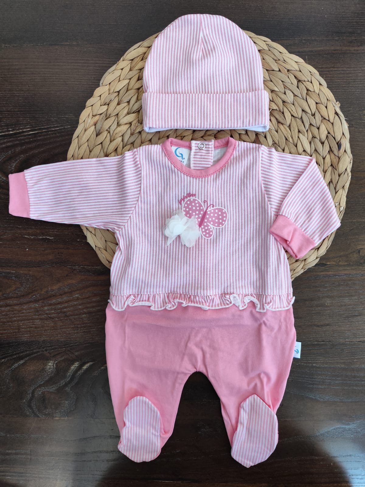 Coordinato nascita in cotone "tenera piccola farfallina" rosa