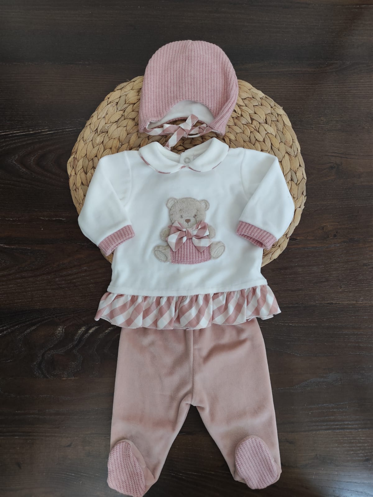 Coordinato Nascita in ciniglia e lana "dolce teddy rosa" con completino