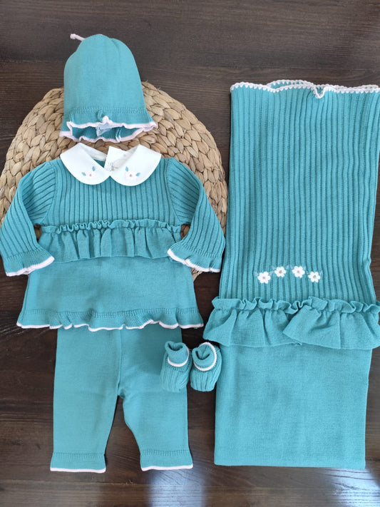 Coordinato Nascita in misto lana "fiore" con completino