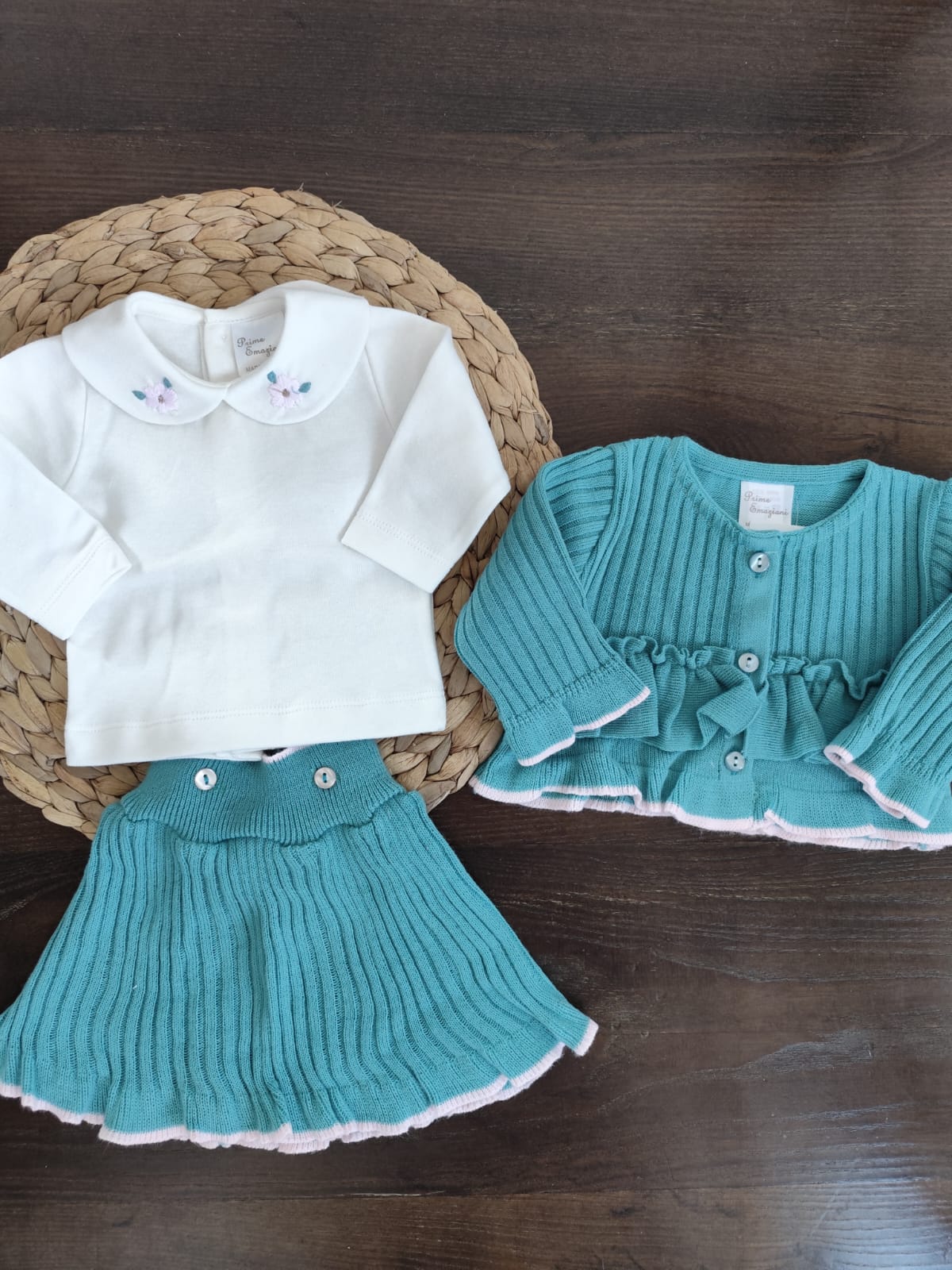 Coordinato Nascita in misto lana "fiore" con vestitino