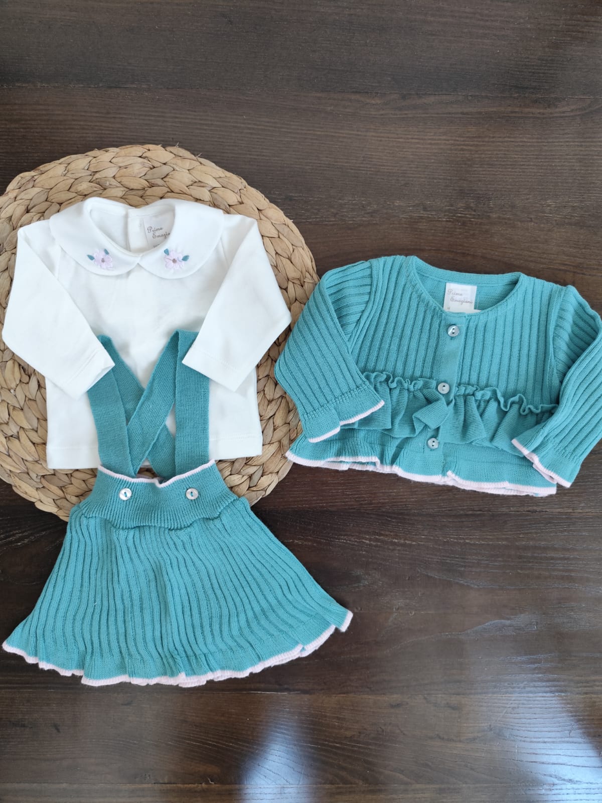 Coordinato Nascita in misto lana "fiore" con vestitino