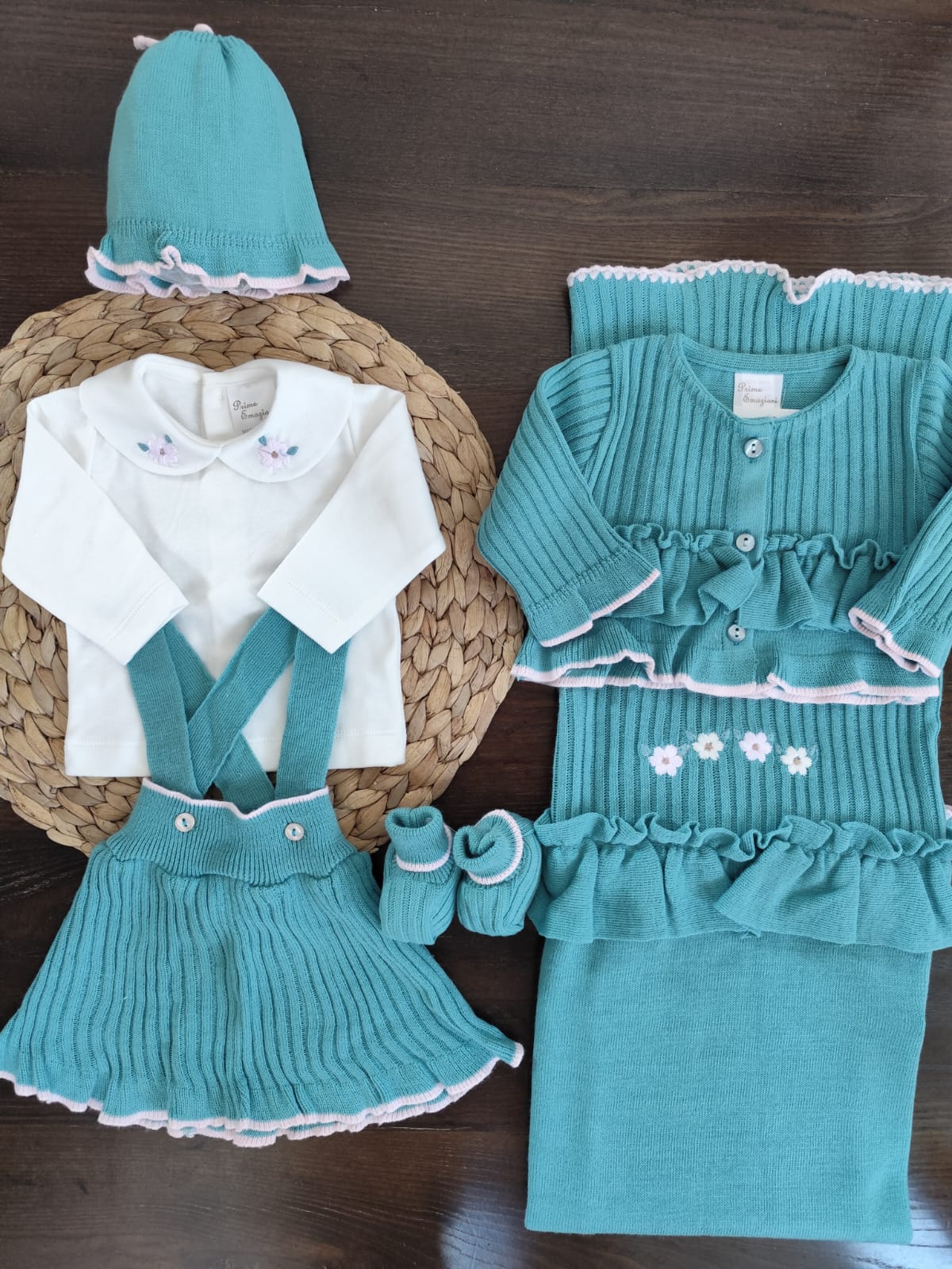Coordinato Nascita in misto lana "fiore" con vestitino
