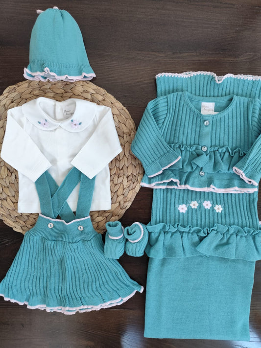 Coordinato Nascita in misto lana "fiore" con vestitino
