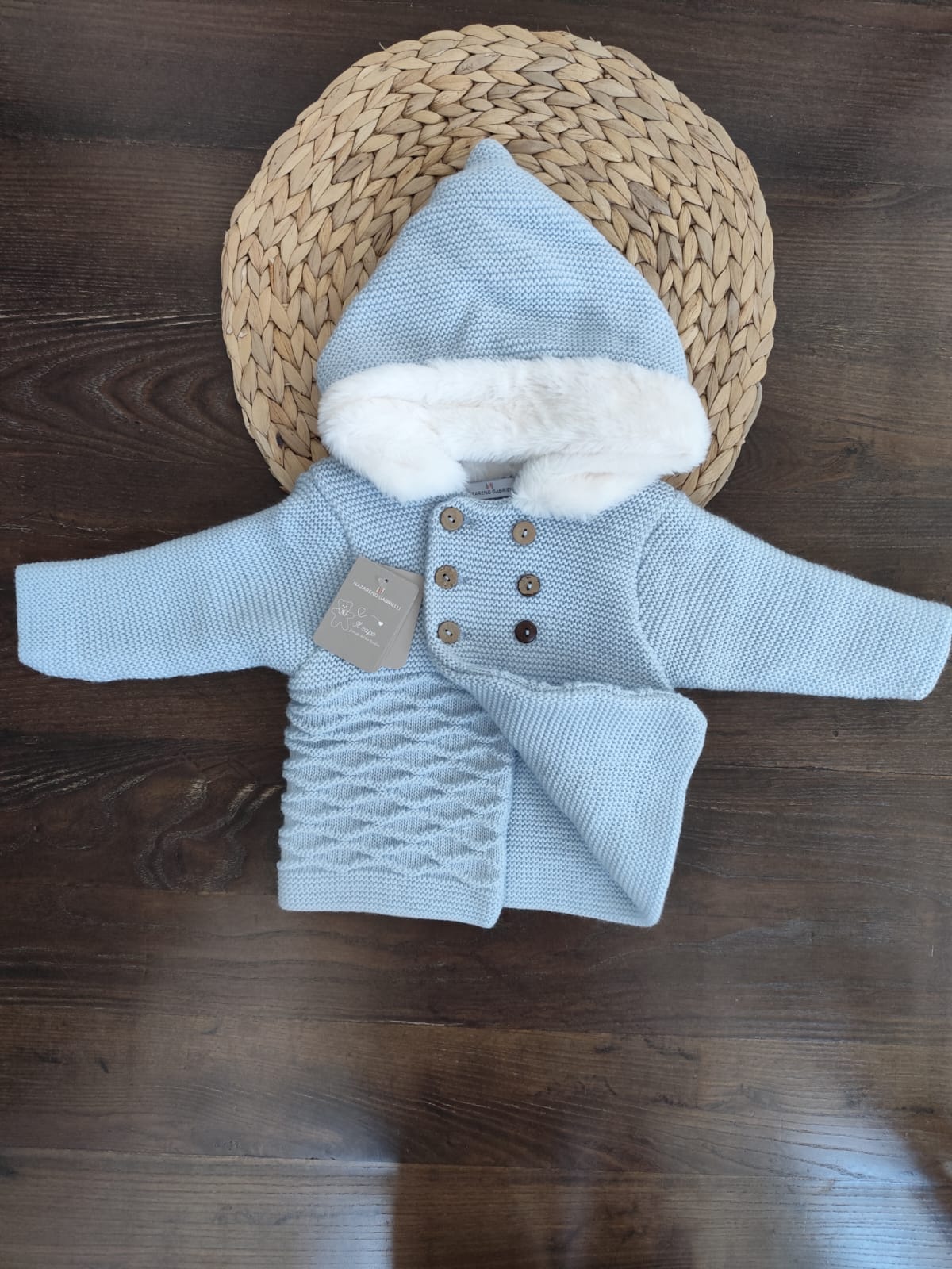 cappottino neonato doppio petto smacchinato con cappuccio