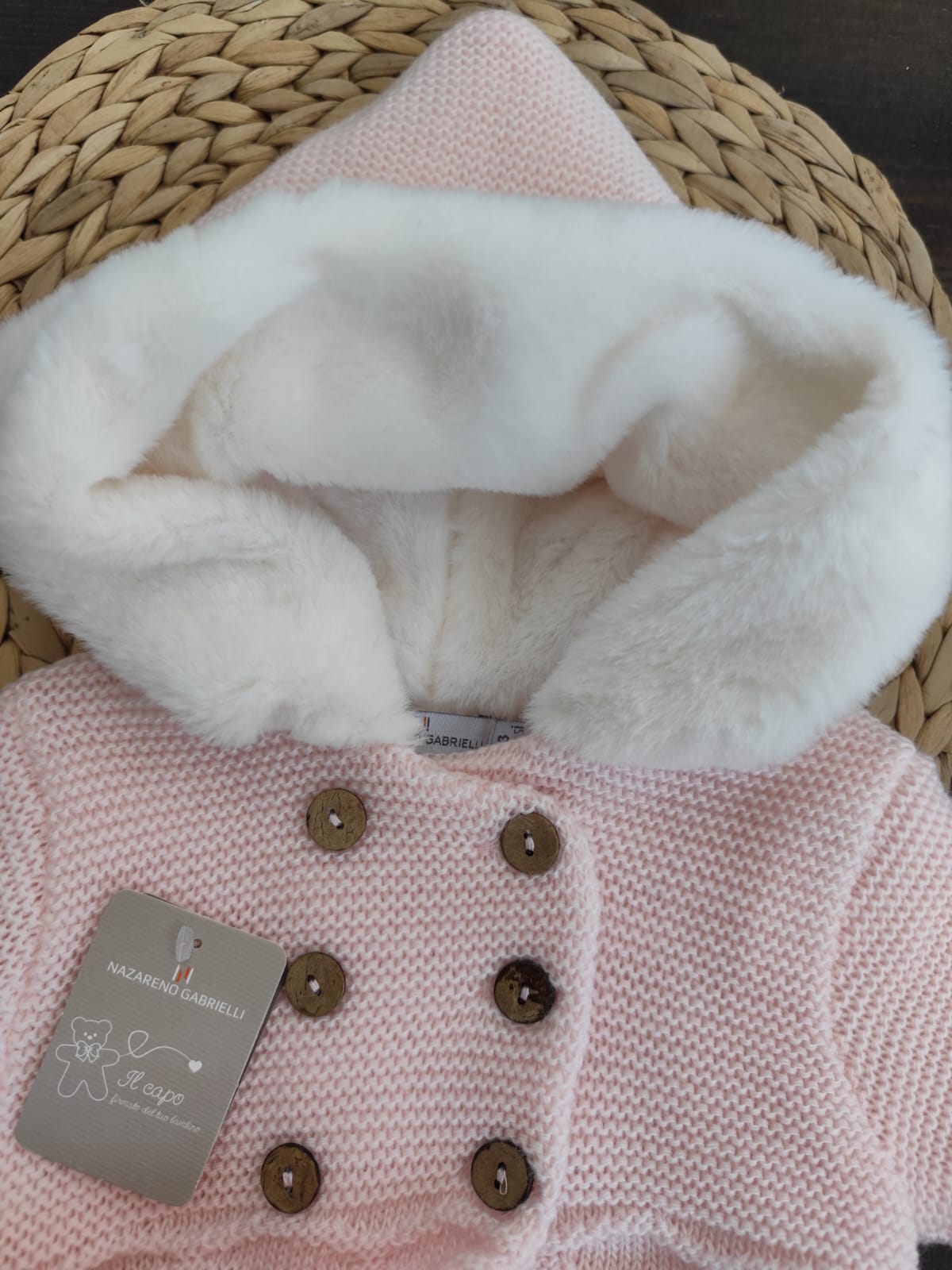 cappottino neonata doppio petto smacchinato con cappuccio