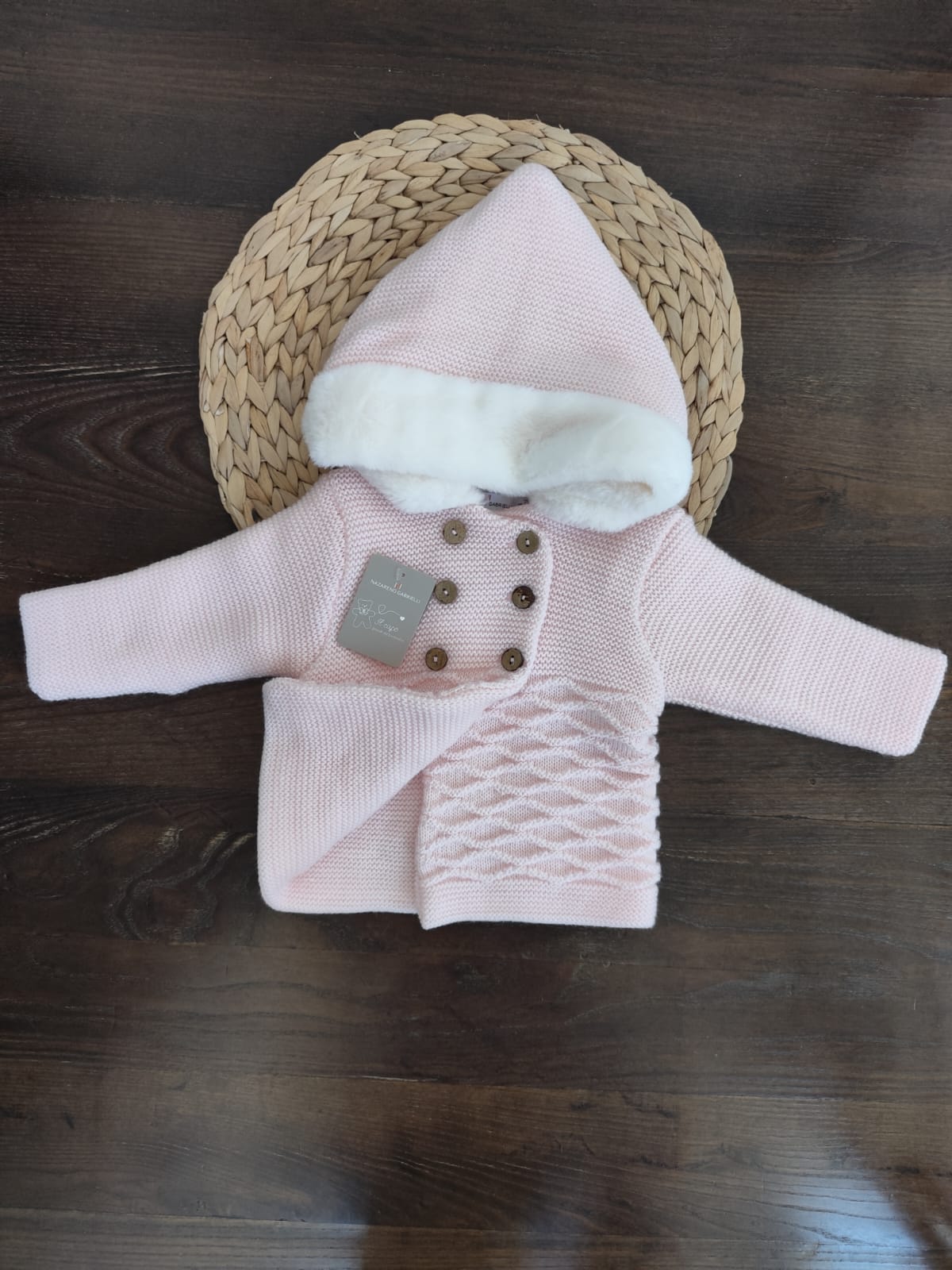 cappottino neonata doppio petto smacchinato con cappuccio